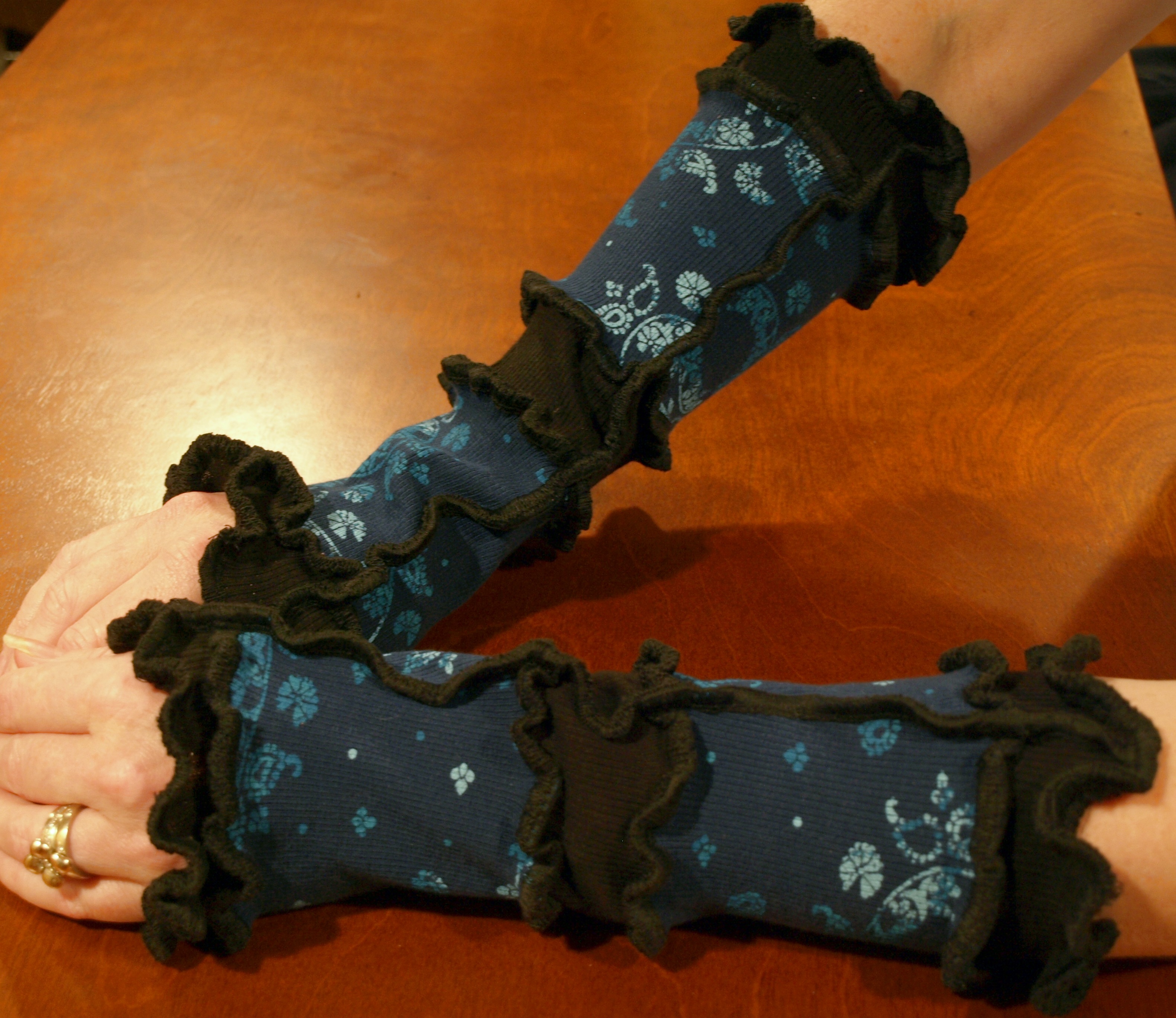 Medium Arm Warmers Blue Floral Print And Black Upcycled Knit Wear on Luulla